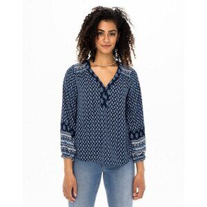 💕JOIE💕 V-Neck Long Sleeve Peasant Blouse Navy Blue Geometric Print Medium  NWT